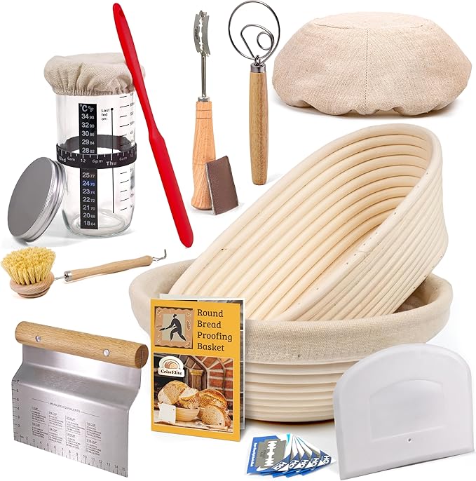 Sourdough Starter Kit – Complete Sourdough Bread Baking Supplies with 24oz Glass Sourdough Starter Jar, 9” Round & 10” Oval Banneton Proofing Basket Set, Sourdough Tools – Artisan Gift for Bakers