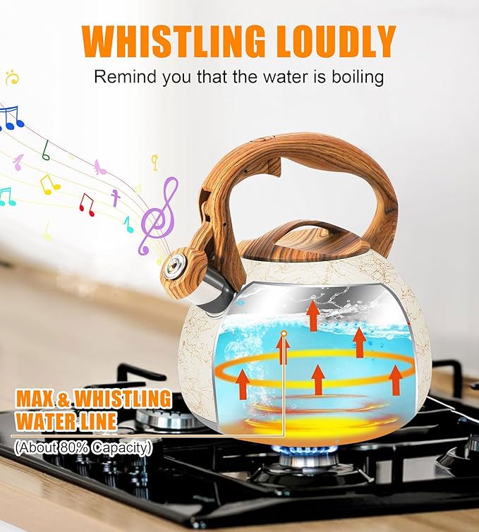 Foedo 3.2Qt Stainless Steel Whistling Tea Kettle Stovetop, Off-white