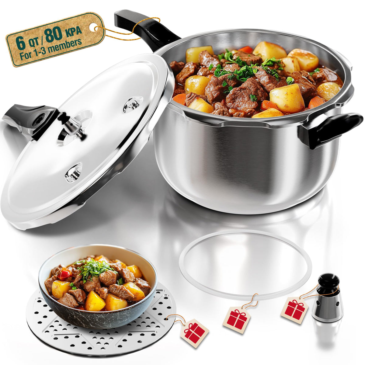 WantJoin Stainless Steel Pressure Cooker(Non-Aluminum),11 Quart Induction Compatible Pressure Cooker with Spring Valve Safeguard Devices,Compatible with Gas & Induction Cooker
