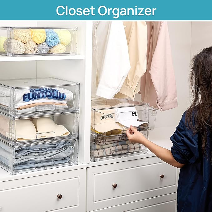 Vtopmart 6 Pack Large Clear Stackable Storage Drawers for Closet, Pantry