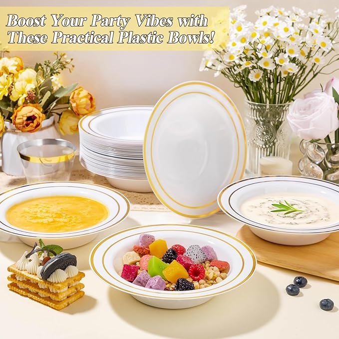 BESTSTAR 200 Pack Disposable Soup Bowls with Gold Rim