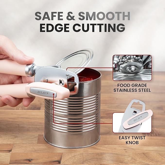 Zulay Kitchen Heavy Duty Stainless Steel Can Opener Manual with Bottle Opener - Rust Proof Manual Can Opener With Turn Knob & Comfy Soft Grip Handles - Apricot Peach