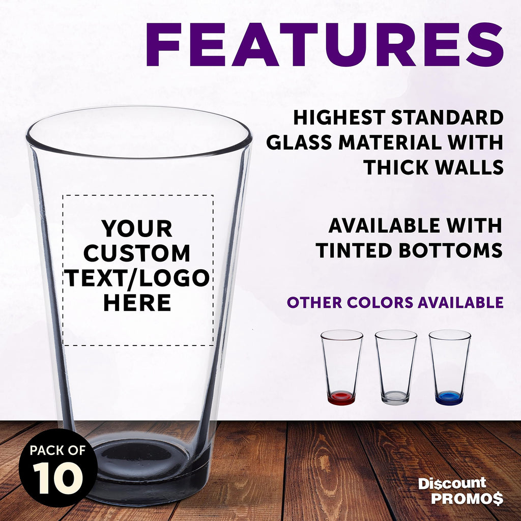 Custom Libbey Pint Glass 16 oz. Set of 10, Personalized Bulk Pack - Beer Glasses, Heavy Duty Drinkware - Black