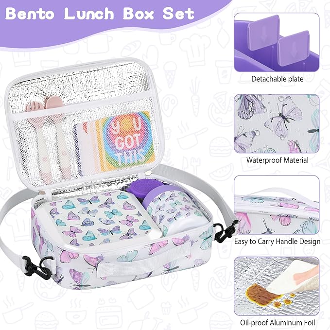 wiwens Bento Lunch Box for Kids with 12oz Soup Thermo Leak-Proof Lunch Food Container with 5 Compartment Thermo Hot Food Jar and Insulated Lunch Bag for Kid Toddler Girls Boys to School