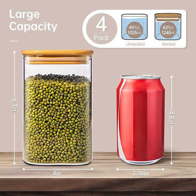 42 oz Square Glass Food Storage Containers with Airtight Bamboo Lids, 4Pack