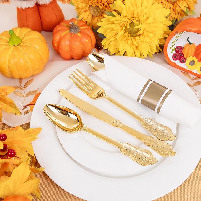 Liacere 400PCS Gold Plastic Silverware - Pre Rolled Napkins Disposable Gold Plastic Cutlery-Premium Quality Utensils-Includes 100Forks,100Knives,100Spoons,100 Napkins & Birthday Party &Events