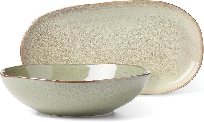 Oneida Organic Shades Sage Green Stoneware 2-Piece Serving Platter Set