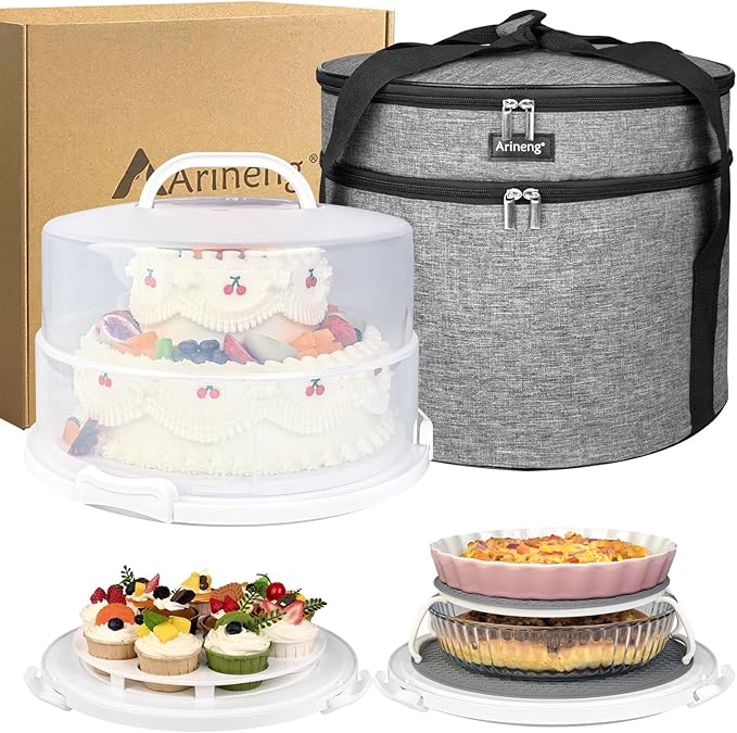 Arineng 12 Inch Cake Carrier with Lid & Handle BPA-Free Cake Transport Container, Includes Insulated Bag, Cupcake & Pie Holders for Secure Dessert Delivery (Fits 7" Tall Cakes) (Grey)