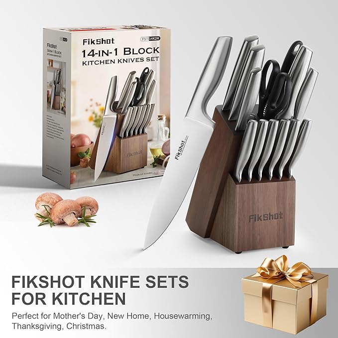 FIKSHOT 14 Pieces Knife Block Set German Stainless Steel with Sharpener