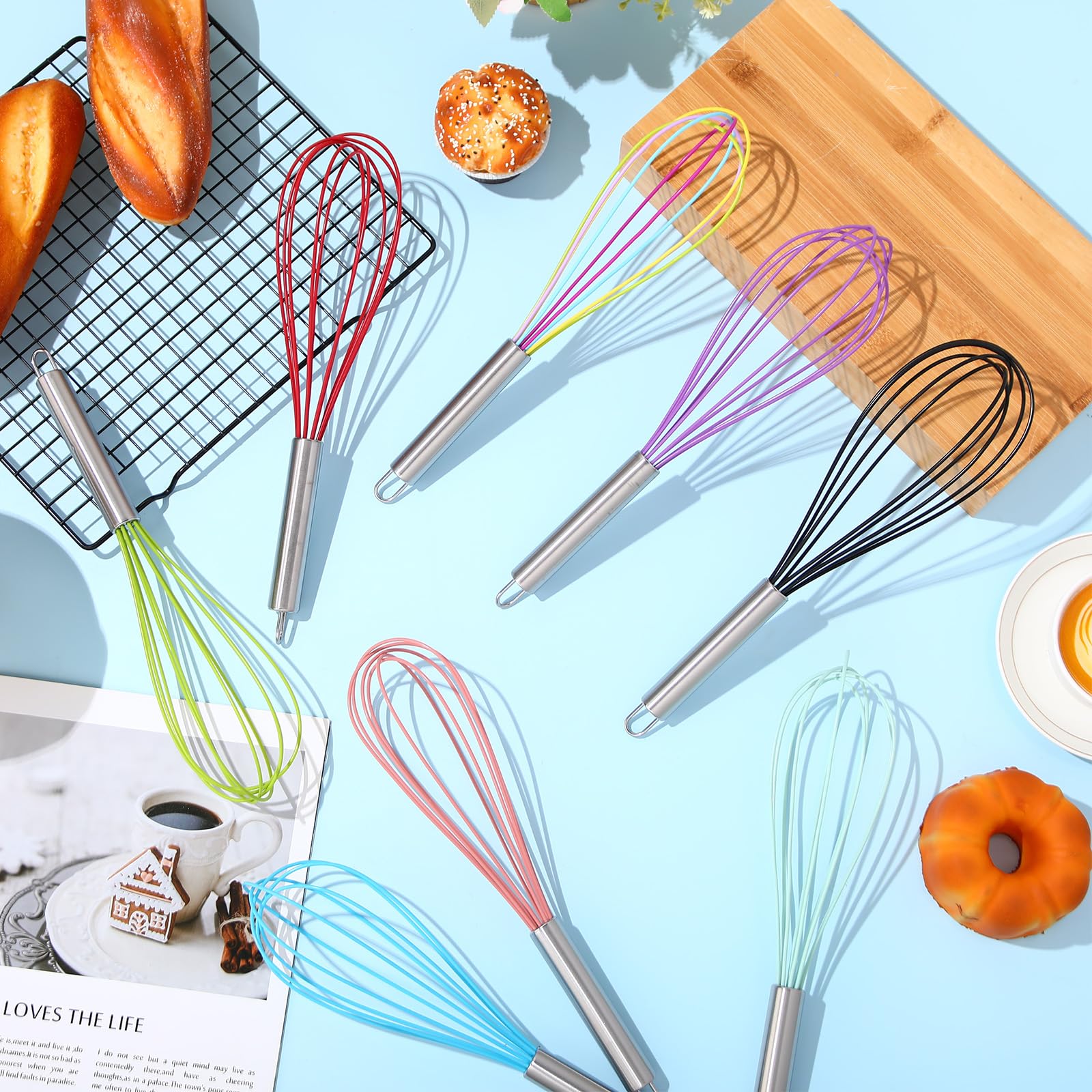 Domensi 24 Pcs 12 Inch Whisks Bulk for Cooking Silicone Whisks Non Scratch Stainless Steel Egg Beater Colorful Coated Metal Heat Resistant Egg Beaters for Valentines Day Party Favor Gift Supplies