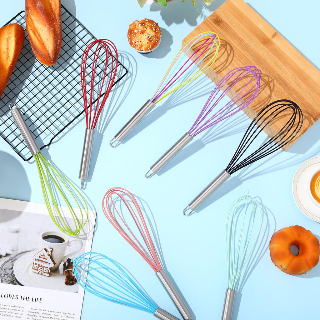 Domensi 16 Pcs 10 Inch Whisks Bulk for Cooking Silicone Whisks Non Scratch Stainless Steel Hand Coated Metal Heat Resistant Egg Beaters for Classroom Cook Party Favor Gift Supplies