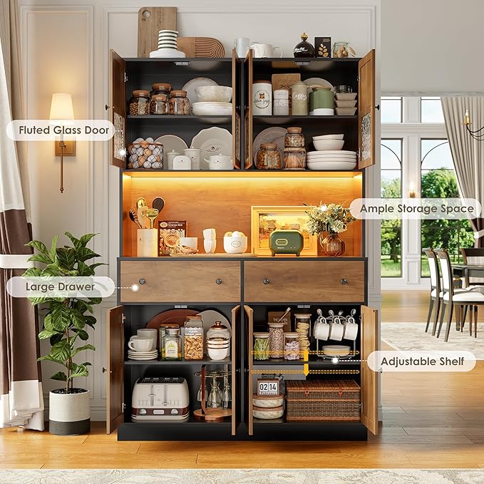 FINETONES 71" Pantry Cabinet with LED Light and Charging Station