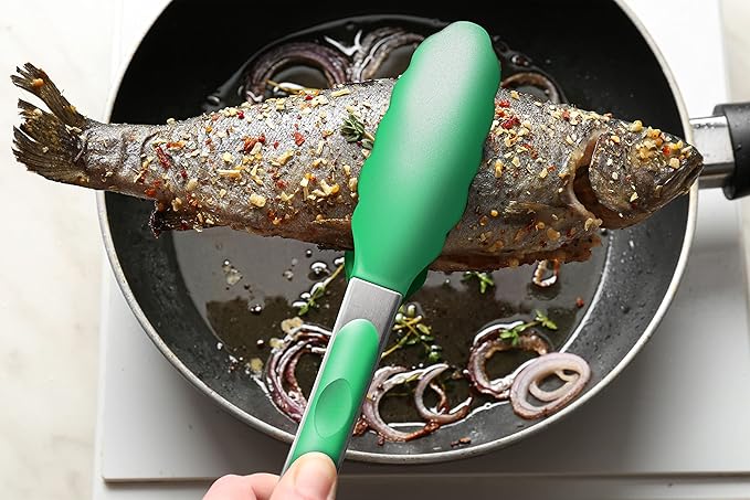 2 Pack Silicone Kitchen Tongs – 9" & 12" Set, Heat Resistant up to 500°F, Non‑Stick Cookware Safe, Wavy Silicone Tips, BPA Free, Locking Clip & Hanging Loop, Dark Green