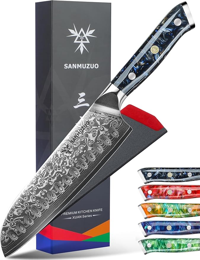 SANMUZUO Santoku Knife - 7 inch - Xuan Series - VG10 Damascus Steel Kitchen Knife - Resin Handle (Starry Black)