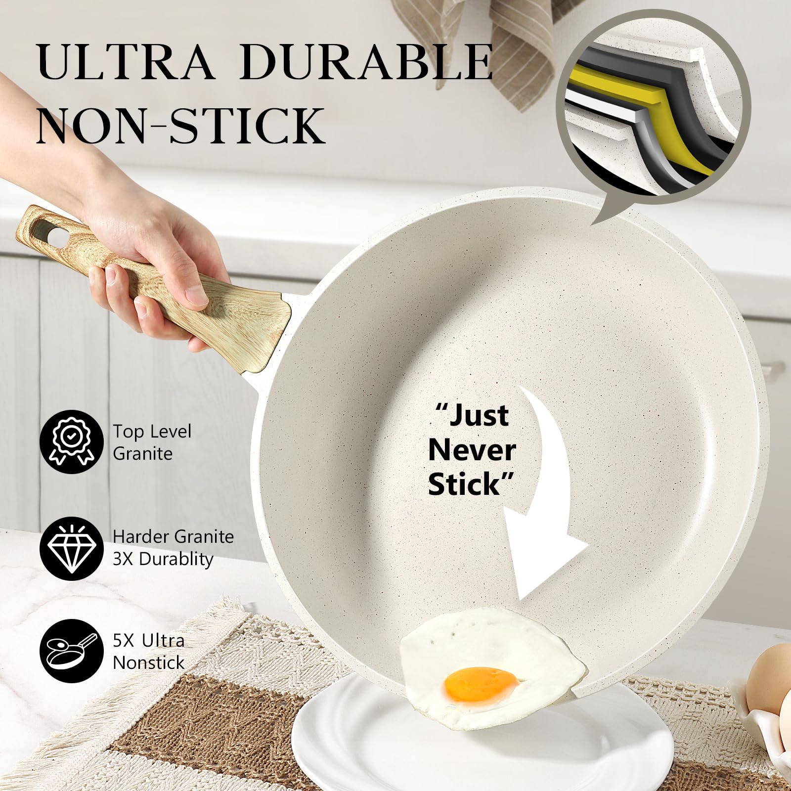 GiPP Nonstick Frying Pan Skillet - 11" White Granite Non Stick Pans, Omelette Pan with Heat-Resistant Handle, Compatible with All Stovetops, PFOA Free