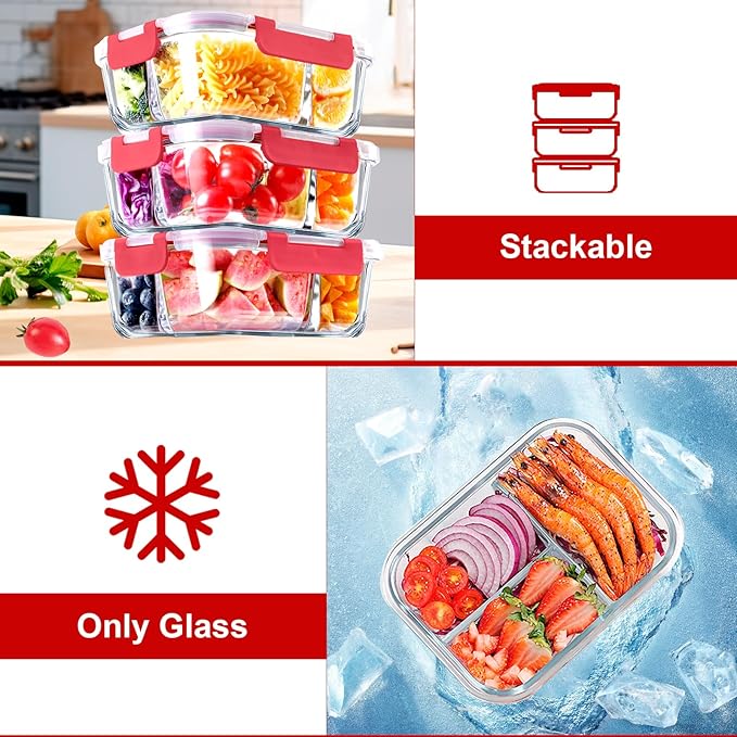 VERONES 5 PACK 36 OZ Glass Food Storage Containers 3 Compartment Set, Red