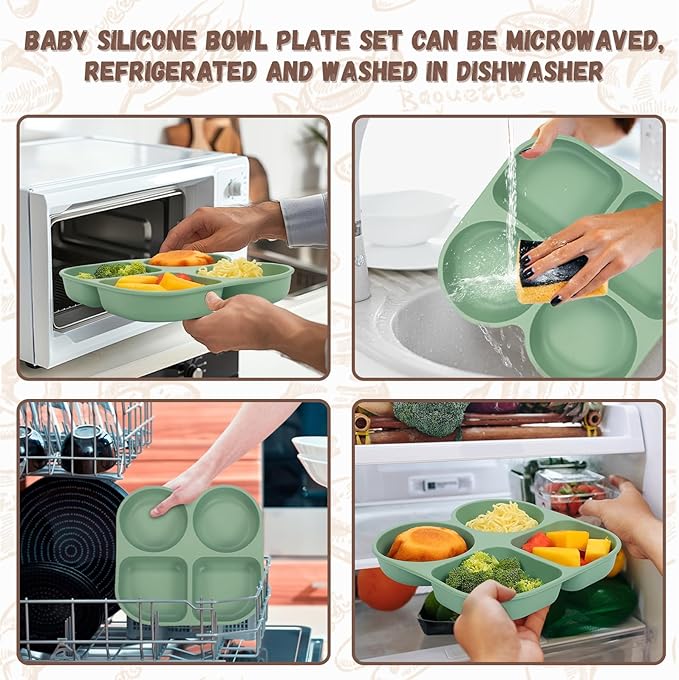 MIICASA Silicone Baby Feeding Set, Baby Led Weaning Supplies, Baby Food Tableware Silicone Suction Plate, Bowl, Spoons, Fork, Waterproof Bib, Cup & Complementary Food Cake Mold, Baby Eating Utensils
