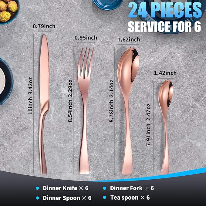 Lemeya 24 Pieces Rose gold Silverware Set for 6,Heavy Duty 18/10 Stainless Steel Flatware Set with Forged Stand Knife,Modern Cutlery Utensil Set,Mirror Polished,Dishwasher Safe