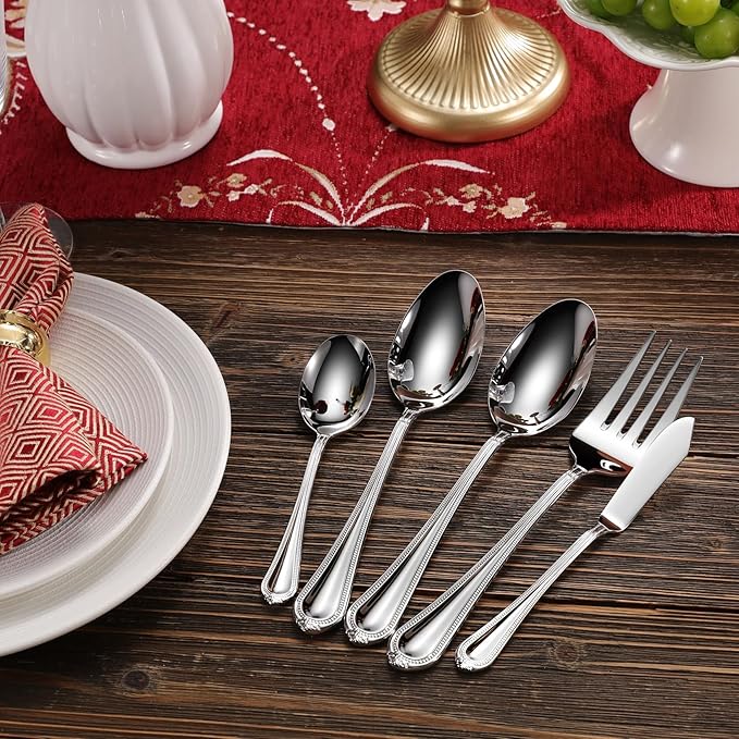 KEAWELL Premium Pearl Edge 20/45/65-Piece Silverware Set (45, Silver)