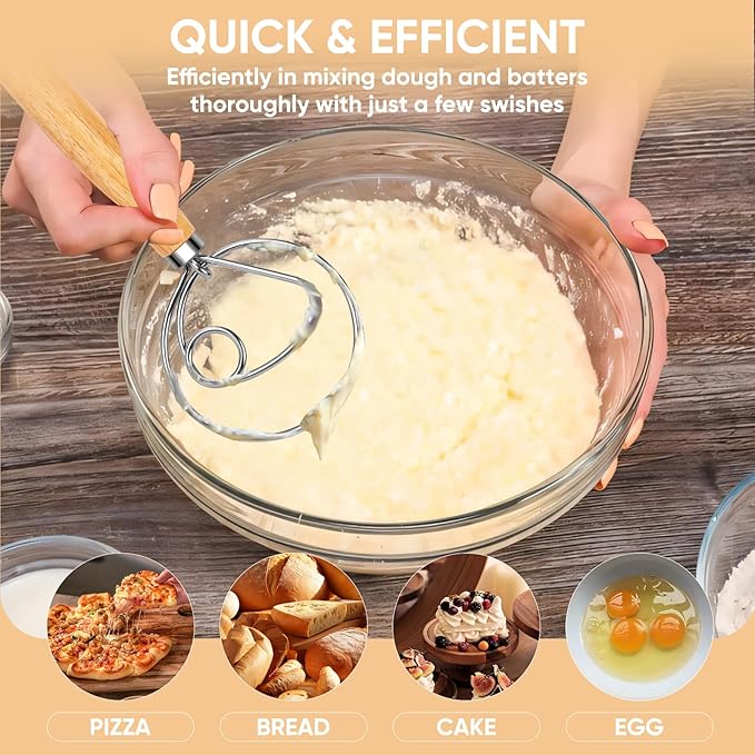 Maxjoy Danish Dough Whisk, Stainless Steel Wooden Bread Tool for Sourdough