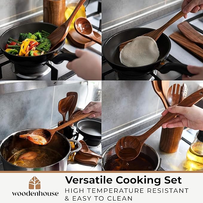 Wooden Spoons for Cooking, 12 Pcs Teak Utensil Set with Holder & Hooks