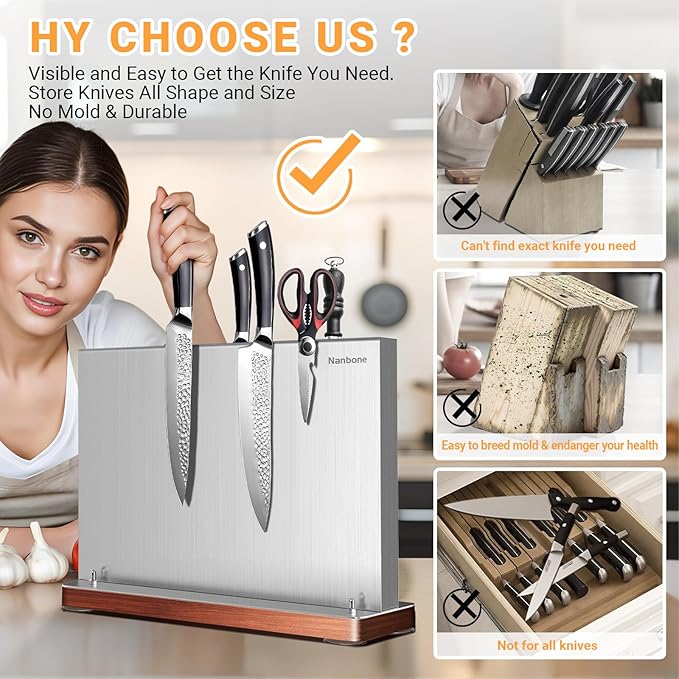 Magnetic Knife Block Stand Without Knives Double Sided Magnetic Knife Holder Rack for Kitchen Counter Stainless Steel Knife Magnetic Strip Display Stand Storage Organizer with Wood Base