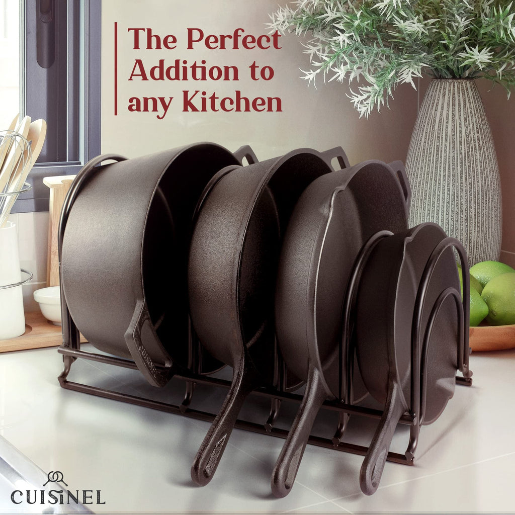 Cuisinel Pan Organizer for Cast Iron, 60-100LB, Extra Large 5-Tier Rack, Matte Black 15.9"