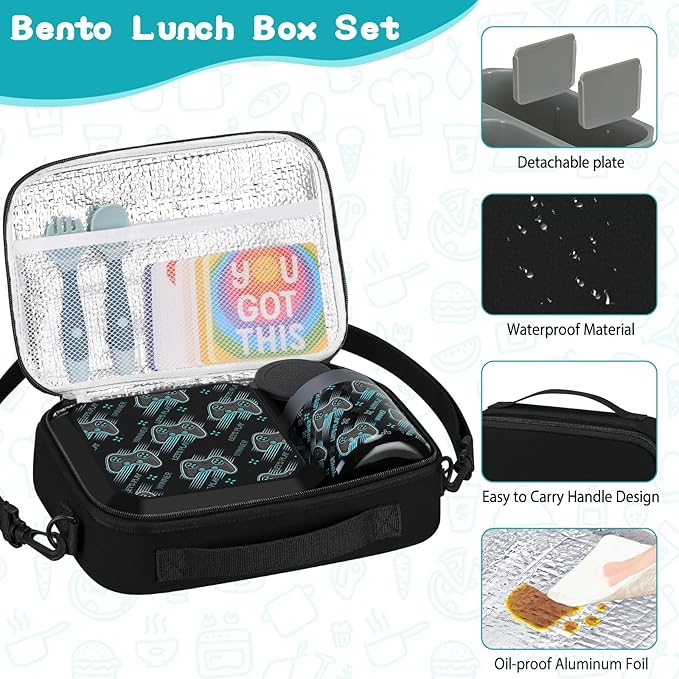 wiwens Bento Lunch Box for Kids with 12oz Soup Thermo Leak-Proof Lunch Food Container with 5 Compartment Thermo Hot Food Jar and Insulated Lunch Bag for Kid Toddler Girls Boys to School