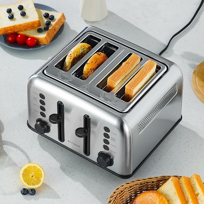 BUYDEEM DT640 4-Slice Toaster, 7 Shade Settings, Extra Wide 1.5’’ Slots for Bagel & English Muffin, 6 Toasting Functions, Retro Stainless Steel Toaster with High Lift Lever, 1800W, Retro Silver