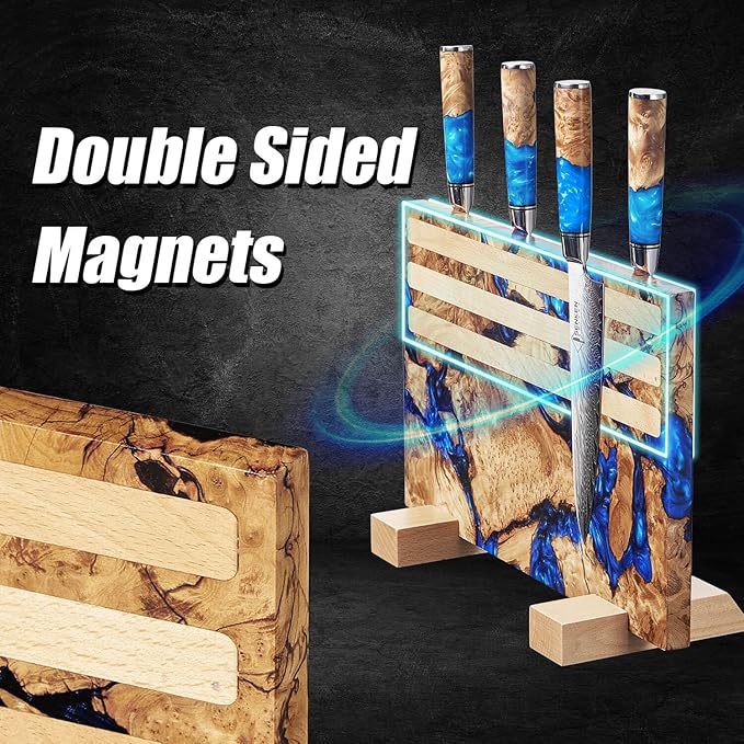 SENKEN "Dark Tsunami" Extra Large Magnetic Knife Block - Holds Up to 16 Knives - Knife Block without Knives, Beautiful Dark Blue Resin Burl Wood Blend Knife Holder ("Dark Tsunami " Blue Resin Blend)