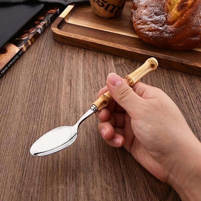 Uniturcky Dessert Spoon Set with Bamboo Handle, 8-Piece Stainless Steel Shiny Silver Dessert Spoon, Natural Bamboo Cutlery, Creative Design Small Spoons for Home Restaurant, 6.65 inch, Handcrafted