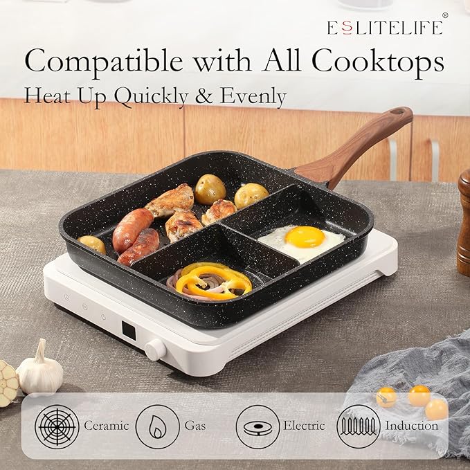 ESLITE LIFE Nonstick Divided Grill Pan with Lid & Tongs for Stove Tops, 11 Inch Versatile 3-In-1 Breakfast Pan, Square Big Grilling Steak Pan for Indoor & Outdoor Cooking, PTFE & PFOA Free, Black