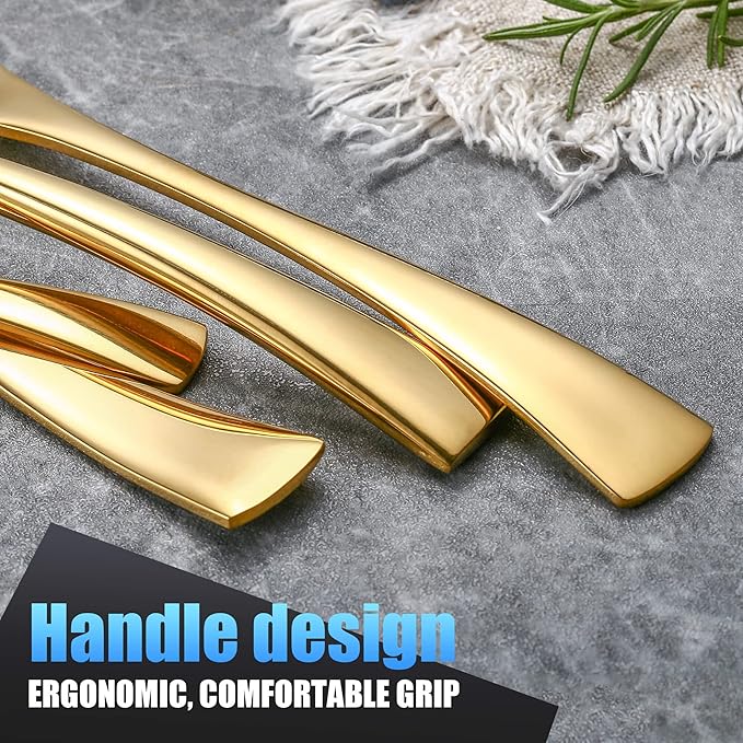 Lemeya 24 Pieces Gold Silverware Set for 6,Heavy Duty 18/10 Stainless Steel Flatware Set with Forged Stand Knife,Modern Cutlery Utensil Set,Mirror Polished,Dishwasher Safe