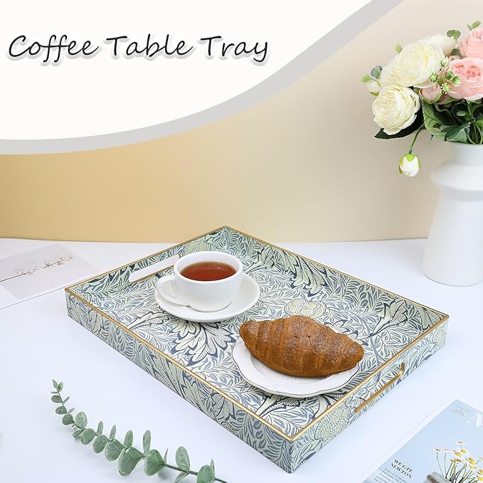 Omuriko Rectangle Plastic Serving Tray with Handles, Elegant Decorative Tray for Coffee Table, Ottoman, Living Room, Kitchen, and Outdoor Use. 12"*16"*1.6" F