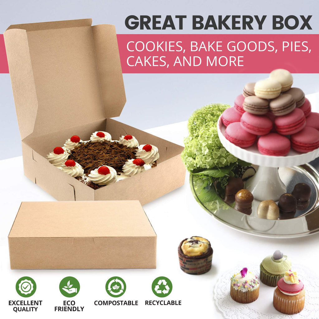Fit Meal Prep 250 Pack Kraft Bakery Boxes - Brown Cardboard Pie & Dessert Boxes, 9x9x3 inches, for Cupcakes, Chocolates & Donuts