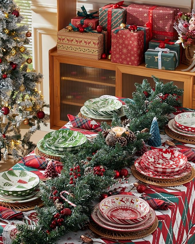 Metahom Christmas Pasta Bowl Set, 8 Inch Salad Serving Bowl, Wide and Shallow Bowl Plate for Kitchen, Dishwasher and Microwave Safe, Set of 6
