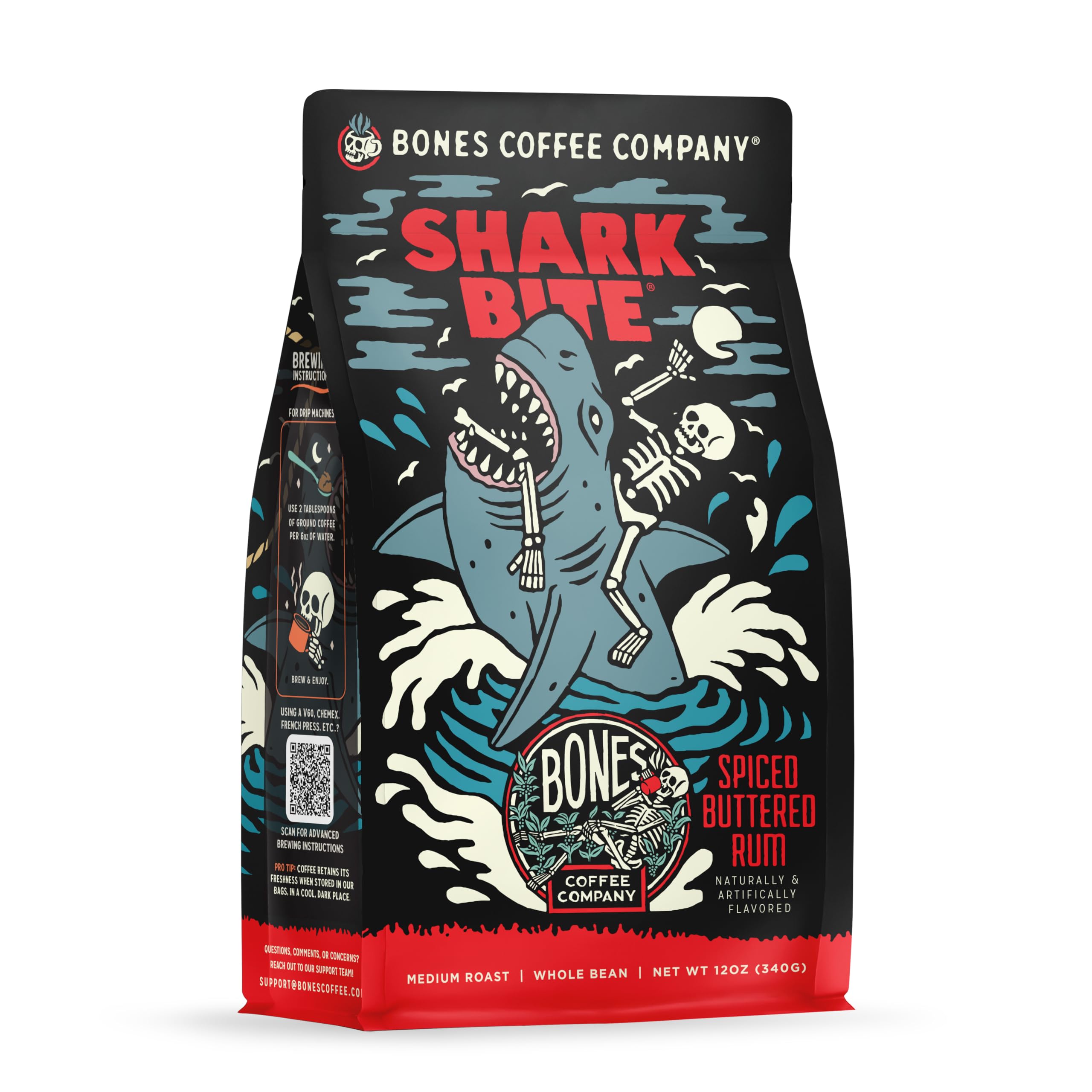 Bones Coffee Company Shark Bite, Buttered Rum Flavored Coffee, Medium Roast Low Acid Arabica Beans Compatible with Auto drip and French Press Coffee Maker, 12 Oz Whole Bean
