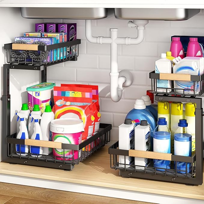 PXRACK Under Sink Organizer, Adjustable Height, 2 Tier Pull Out Under Cabinet Organizer, Slide Out Thickened Metal Under Sink Storage for Kitchen Bathroom Laundry Pantry Cabinet, Black, Large-1-Pack