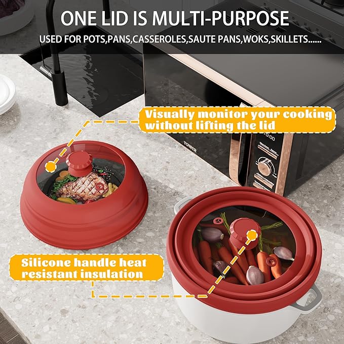 Microwave Splatter Cover, Vented Silicone & Glass Anti-Splatter Lid with Handle, Collapsible Food Plate Cover Fits 6–11 Inch Plates and Bowls (Red, 10.8inch)