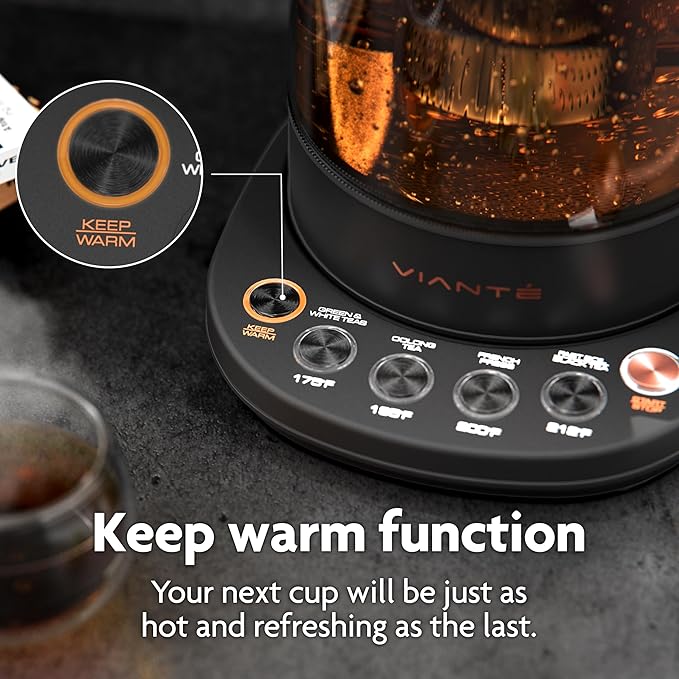 Viante Alba Electric Tea Kettle With Infuser, No Plastic, 1.5L, Black
