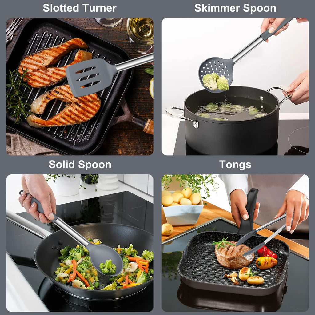 E-far Silicone Cooking Utensils Set, 7 Pcs Heat Resistant Kitchen Utensils with Stainless Steel Handle, Slotted Turner, Spoon, Soup Ladle, Pasta Server, Skimmer, Tongs for Nonstick Cookware, Gray