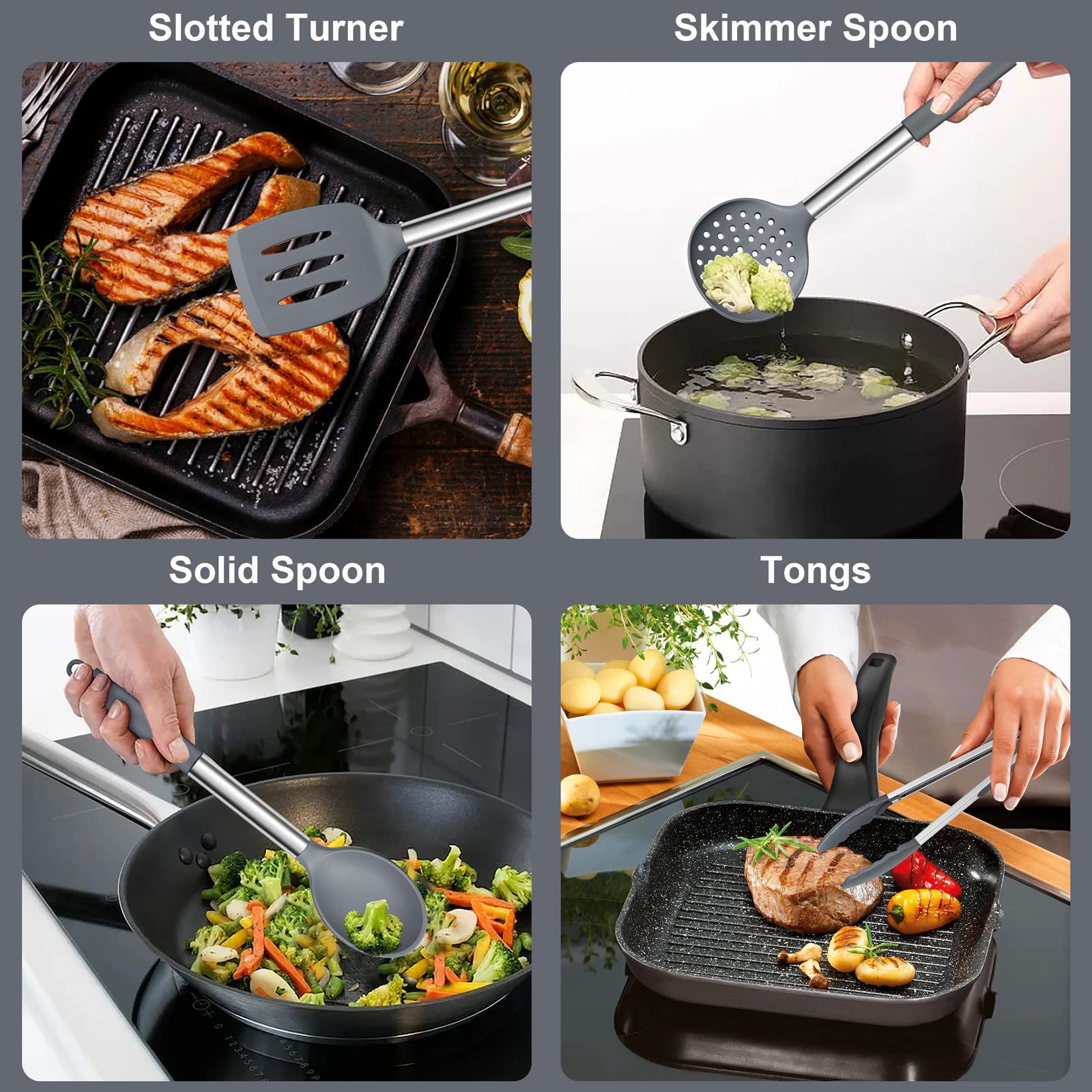E-far Silicone Cooking Utensils Set, 7 Pcs Heat Resistant Kitchen Utensils with Stainless Steel Handle, Slotted Turner, Spoon, Soup Ladle, Pasta Server, Skimmer, Tongs for Nonstick Cookware, Gray