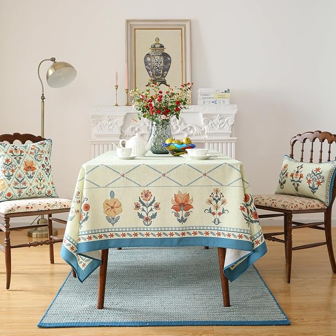 ISAENNE Designer Vintage Linen Rectangular Tablecloth,110"x63"-Floralsea B