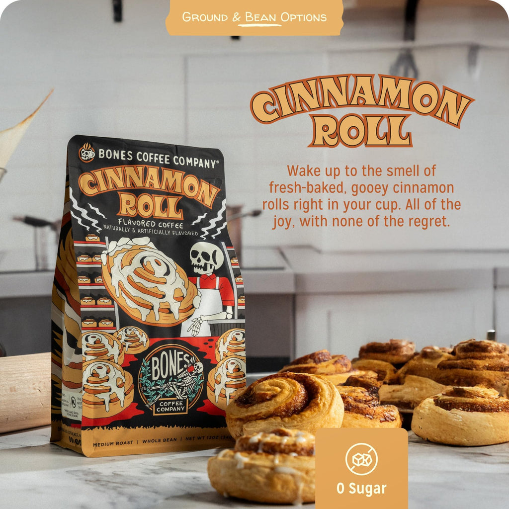 Bones Coffee Company Cinnamon Roll Flavored Coffee, Medium Roast Low Acid Arabica Beans Compatible with Auto drip and French Press Coffee Maker, 12 Oz Ground