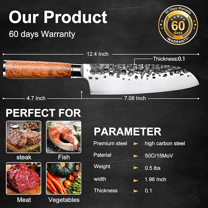 Ink Plums Santoku Knife 7 Inch,High Carbon Steel Ultra Sharp Asian Chef Knife with Brazilian Rosewood Handle and Gift Box for Family & Restaurant