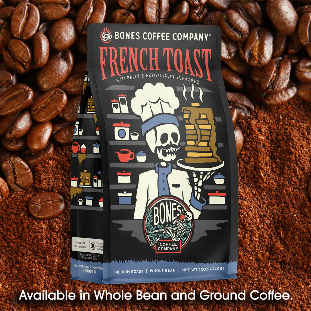 Bones Coffee Company French Toast, Sweet and Buttery Flavored Flavored Coffee, Medium Roast Low Acid Arabica Beans Compatible with Auto drip and French Press Coffee Maker, 12 Oz Whole Bean