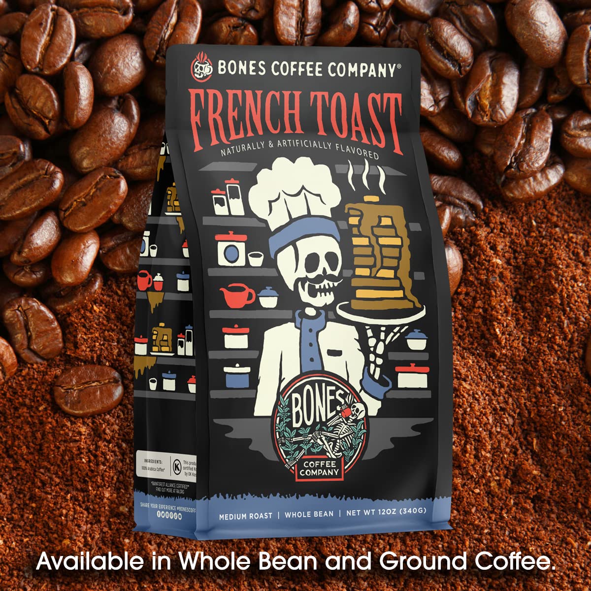 Bones Coffee Company French Toast, Sweet and Buttery Flavored Flavored Coffee, Medium Roast Low Acid Arabica Beans Compatible with Auto drip and French Press Coffee Maker, 12 Oz Whole Bean