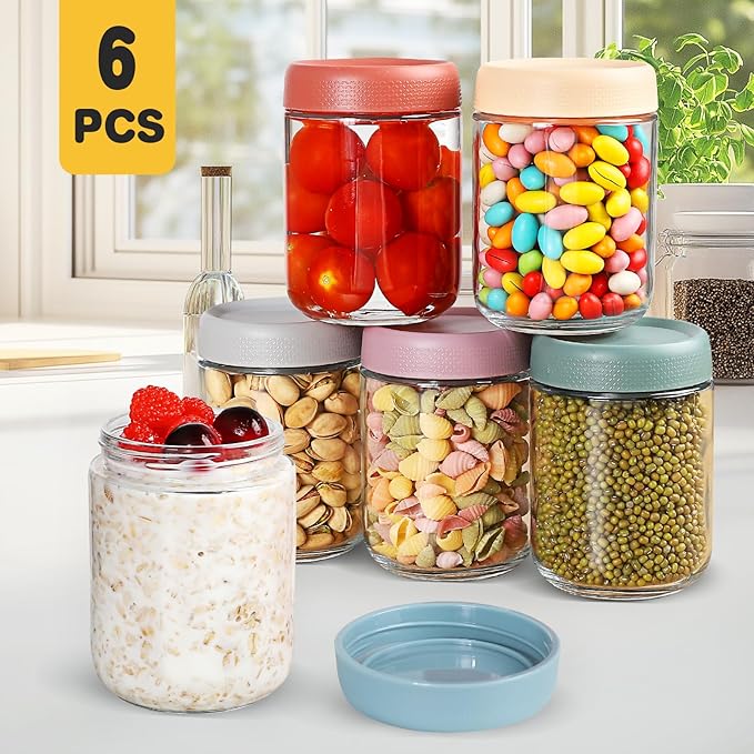 Yephets 16 oz Glass Jars with Airtight Lids, Wide Mouth Mason Jars, Glass Storage Containers for Fruit, Overnight Oats, Salad Dressing, Sauce, Cereal, Yogurt, Snacks (6)