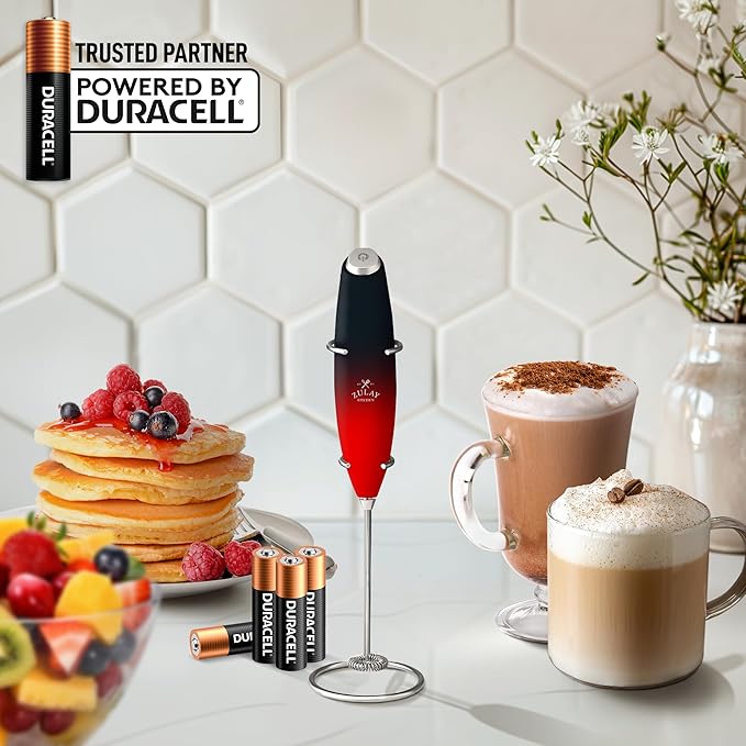 Zulay Kitchen Powerful Milk Frother Wand With Duracell Batteries - Ultra Fast Handheld Drink Mixer - Electric Whisk Foam Maker for Coffee, Lattes, Cappuccino & Matcha - Z1 Motor - Black & Red