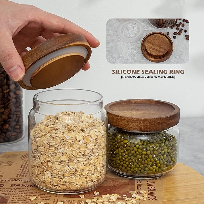 piconesper 2PCS Small Glass Storage Jars with Airtight Lids, 17 fl oz (500ml) coffee container with Wooden Lid, Glass Pantry Canister for Beans, Rice, Sugar and etc